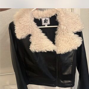 Juicy Couture Black Faux Leather Jacket with Cream Shearling Collar